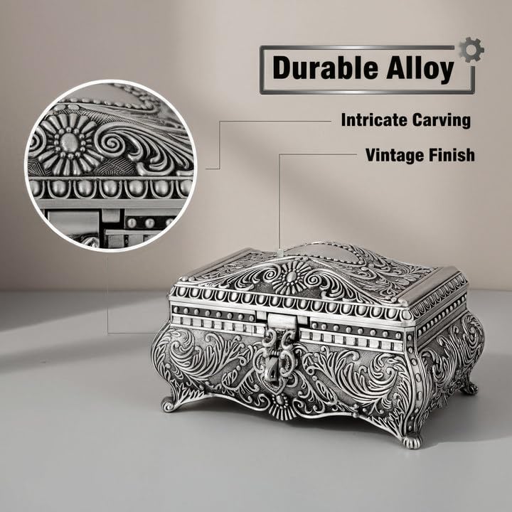 Feyarl Vintage Jewelry Trinket Box Earring Ring Treasure Chest Case Necklace Organizer Storage Decorative Keepsake Box for Girl Woman Christmas Gift Home Deco(6.7 x 4.7 x 3.5 inch) - Image 5